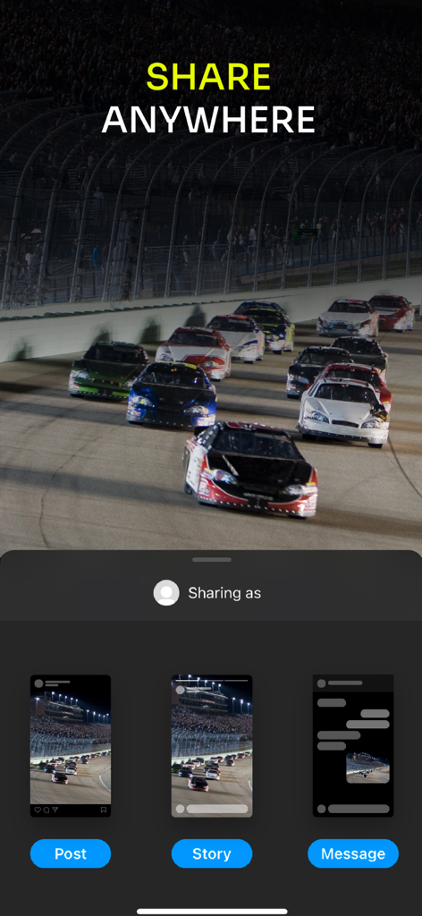 WSC Sports - WSC Sports app interface showing options to share a sports highlight as a post story or message