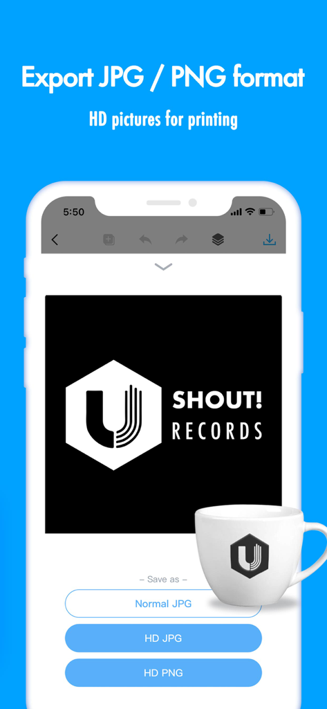 Logo Maker & graphic design - Interfaz de la aplicación Logo Maker mostrando opciones de exportación en alta definición para impresión de alta calidad.