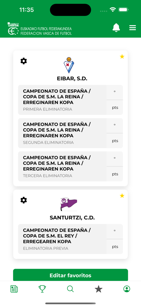 EFF-FVF - Pantalla de favoritos en la aplicación EFF-FVF mostrando el estado de la competición para Eibar SD y Santurtzi CD