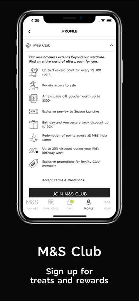 M&S India - M&S India app screen displaying loyalty club rewards and membership benefits