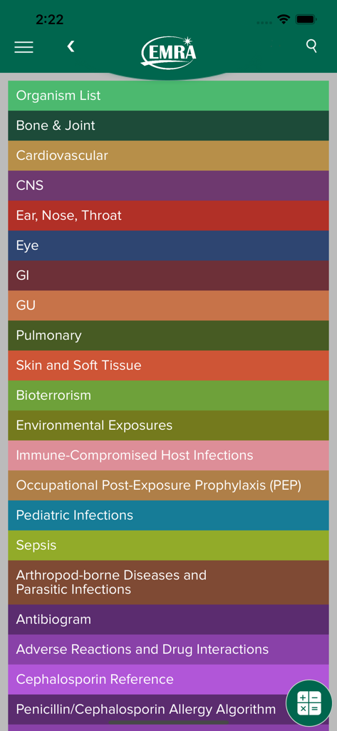 EMRA Antibiotic Guide - EMRA Antibiotic Guide mobile app main menu showing color-coded clinical categories for emergency medicine