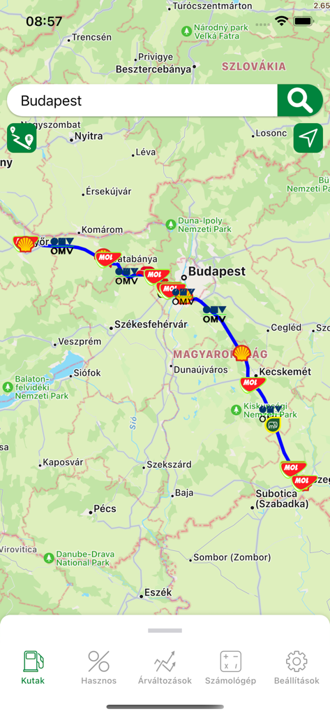 Benzinkút Árak - üzemanyagár - Benzinkut Arak app map view showing gas station locations and brands along a driving route in Hungary