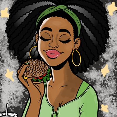 an african american woman eating a waffle burger realistic