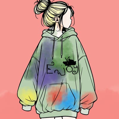 realistic girl with a oversized sweatshirt on and a bun