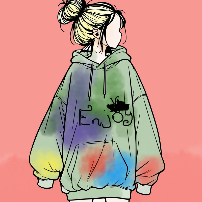 realistic girl with a oversized sweatshirt on and a bun