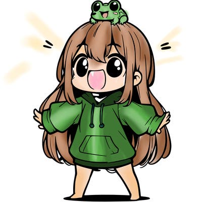 a excited chibi girl whith long hair and a baggy shirt whith a frog on there head