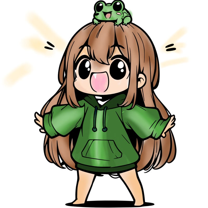 a excited chibi girl whith long hair and a baggy shirt whith a frog on there head