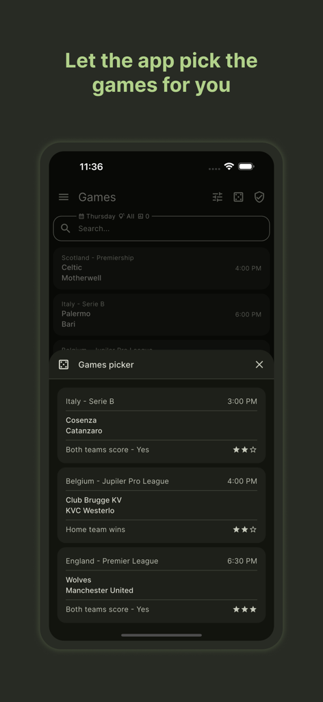 AiWon - AiWon app Games Picker screen showing AI-recommended soccer matches and predictions