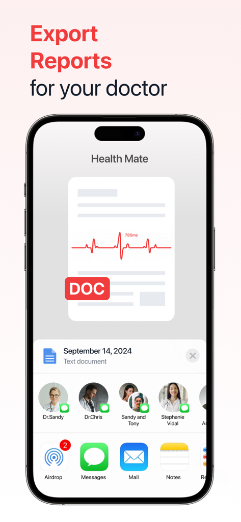 iPhone interface of iHeart app showing a health report with a pulse graph being shared with doctor contacts