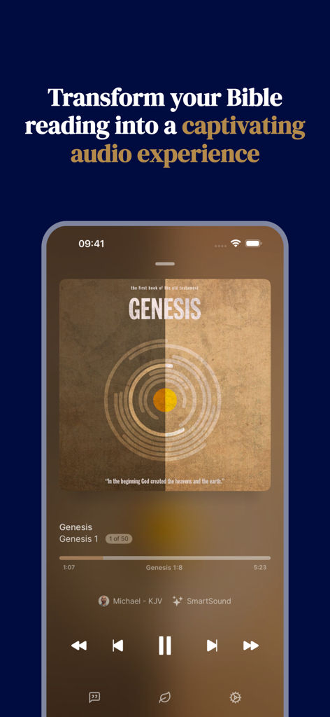 Ein Smartphone, das die Audibible-App mit einer Audio-Erzählung von Genesis mit Hintergrundmusik und Wiedergabesteuerung anzeigt