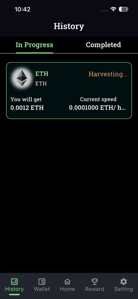 Der History-Bildschirm der Bitpro-App, der eine aktive Ethereum-Mining-Sitzung mit Ernte-Status und prognostizierten Belohnungen anzeigt.