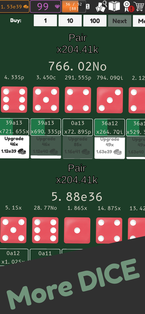 In-game screenshot of Idle Dice 2 showing multiple red dice and numerical upgrade options on a green background