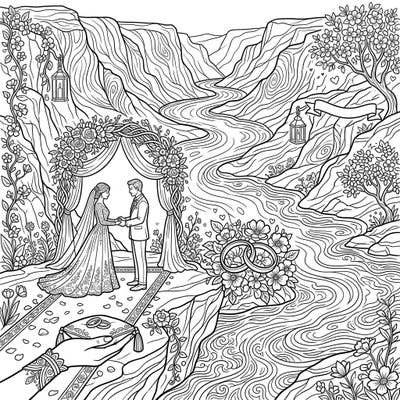Immerse yourself in a romantic adventure with this stunning coloring page featuring a wedding ceremony set against the majestic backdrop of river canyons. Celebrate love and nature as you bring this unique bridal scene to life with your favorite colors.