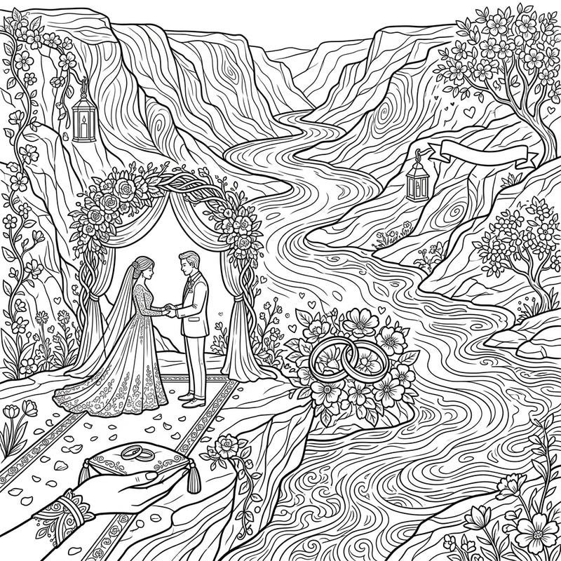 Immerse yourself in a romantic adventure with this stunning coloring page featuring a wedding ceremony set against the majestic backdrop of river canyons. Celebrate love and nature as you bring this unique bridal scene to life with your favorite colors.