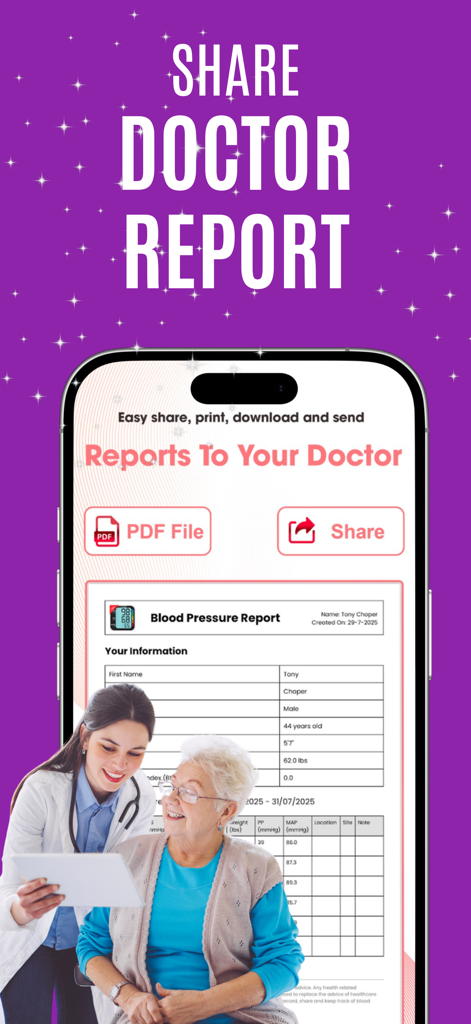 Blood pressure app Free of-ads - A mobile app interface displaying a share doctor report feature with a PDF preview and an image of a doctor and patient.