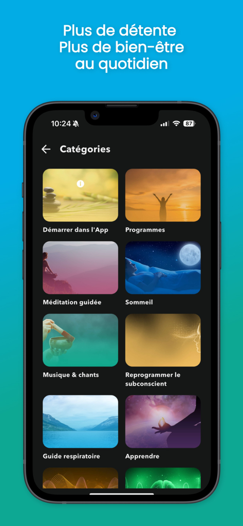 Gaia Meditation: Well-being - Gaia Meditation app categories screen showing wellness options like guided meditation sleep and breathing guides