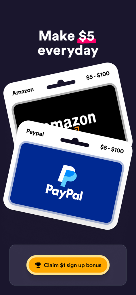Survey Spin: Get paid cash! - Pantalla de la aplicación Survey Spin que muestra las ganancias diarias en efectivo y las opciones de tarjetas de regalo de PayPal y Amazon con un bono de registro