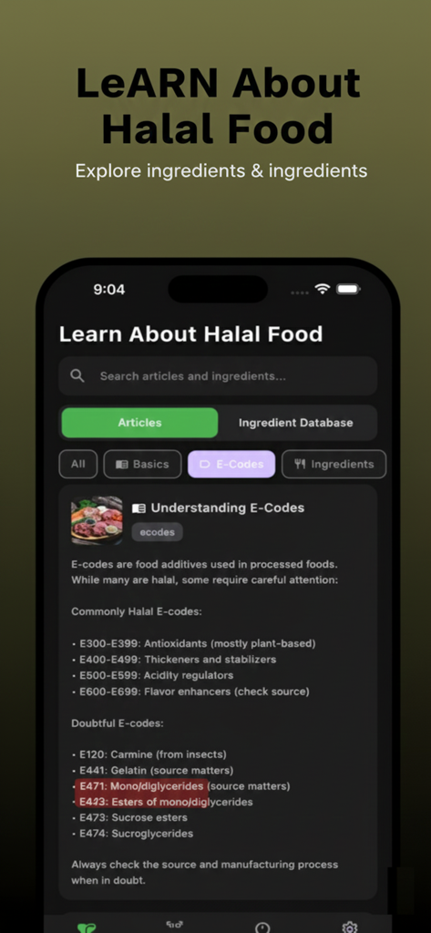 Mobile app screen showing educational information about Halal and doubtful food additives known as E-codes