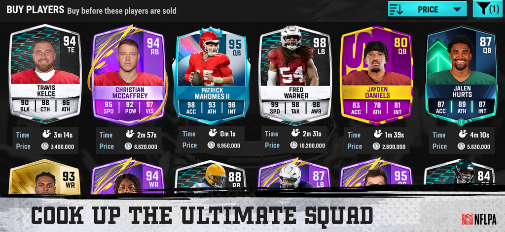 Football Head Coach 26 - FHC - Pantalla del mercado de jugadores de Football Head Coach 26 que muestra varias cartas de jugadores de la NFL y sus estadísticas para formar la plantilla