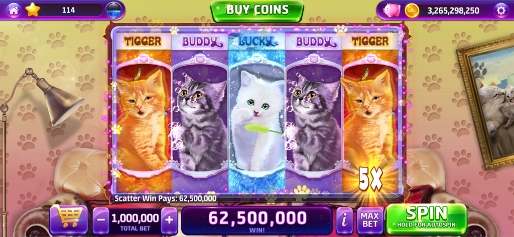 Cash Royal Casino - La interfaz de una máquina tragamonedas con temática de gatitos en Cash Royal Casino que muestra una ganancia de dispersión de 62,500,000 monedas.