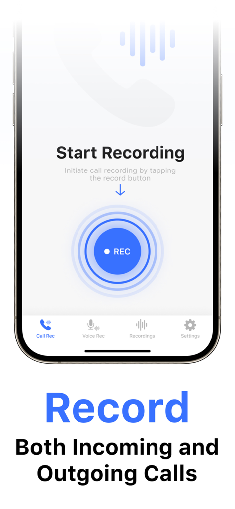 Phone Call Recorder ACR* - Pantalla de smartphone mostrando el botón de inicio de grabación para llamadas entrantes y salientes en la aplicación ACR.