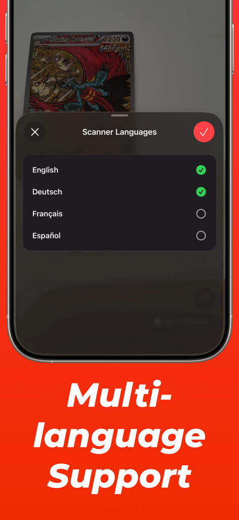 Eyevo TCG ‒ Card Scanner - Interface of Eyevo TCG Scanner app showing multiple language options for card scanning including English and Deutsch.