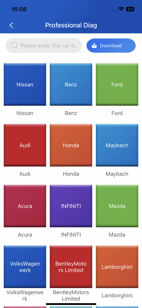 KDIAG - Una pantalla en la aplicación KDIAG que muestra una cuadrícula de varias marcas de automóviles como Ford Nissan y Audi para diagnósticos profesionales