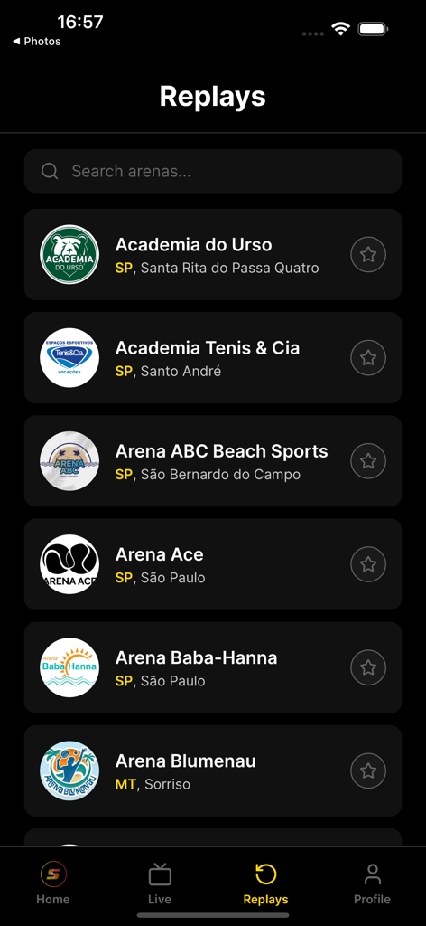Smash Live - Smash Live app interface displaying a search screen for sports arena match replays.
