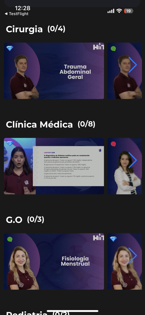 MedCof Aulas - MedCof Aulas app interface showing medical study categories including surgery and internal medicine
