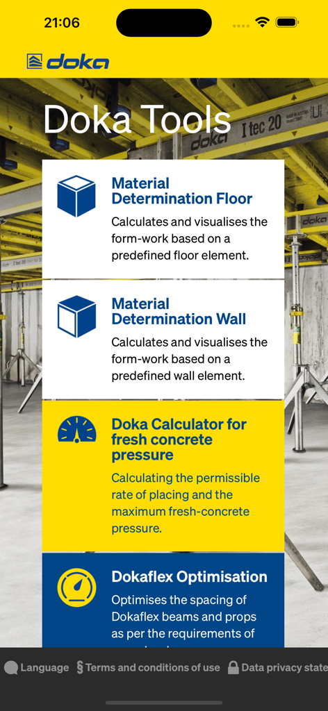 Doka Tools Mobile App-Startbildschirm mit Optionen für die Berechnung von Decken- und Wandschalungen sowie die Überwachung des Betondrucks.