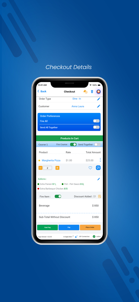 DigiPOS - DigiPOS App Checkout-Bildschirm mit Anzeige von Kundendetails und Zahlungsschaltflächen
