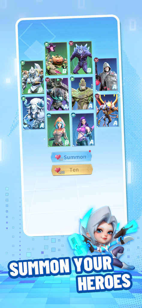 Hero summoning screen in Titan War game showing a grid of different character cards and summon buttons