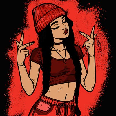 realistic teenage girl with braids and a beanie and crop top doing 🫶🏼