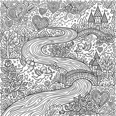 Celebrate love with this enchanting Valentine's Day coloring page, featuring serene rivers winding through a landscape rich with romantic details. Discover charming hearts, delicate roses, and playful cupids ready for your creative touch.