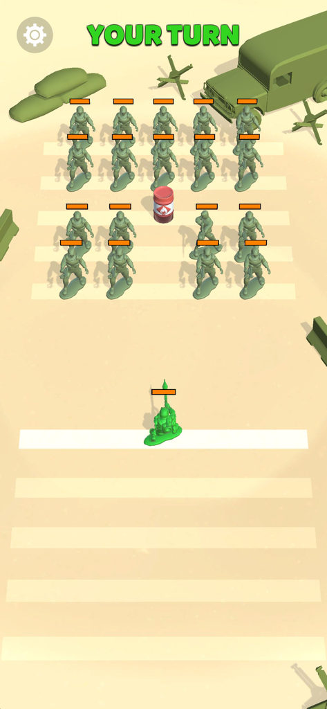 Toy Soldiers 3D - Gameplay screenshot of Toy Soldiers 3D with green plastic army men in a tactical battle.
