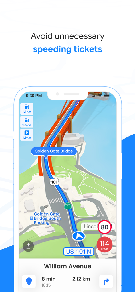 Un mapa de navegación 3D del Puente Golden Gate que muestra la guía de ruta y alertas de límite de velocidad en tiempo real.
