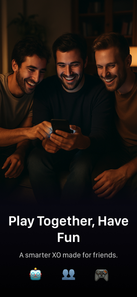 XO Glow: Party Tic Tac Toe - Tres amigos sonriendo y jugando XO Glow Ta Te Ti juntos en un smartphone