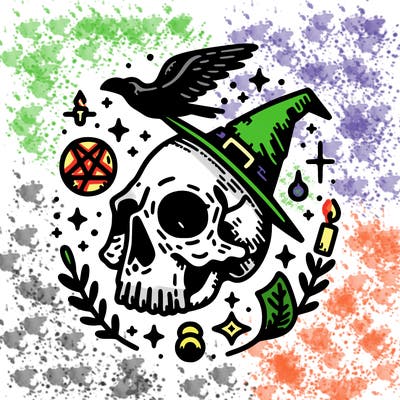 crow skull with witchcraft around it