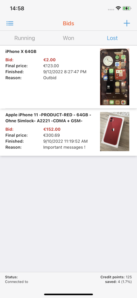 A list of lost eBay auction bids in the Baytomat app showing items like iPhone X and iPhone 11