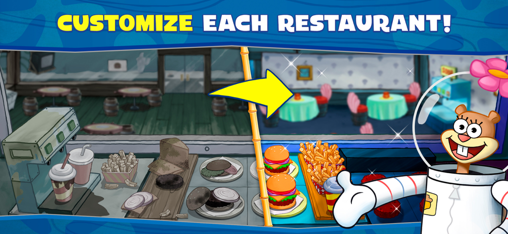 SpongeBob: Krusty Cook-Off - Arenita Mejillas presentando la personalización del restaurante con vistas de la cocina antes y después