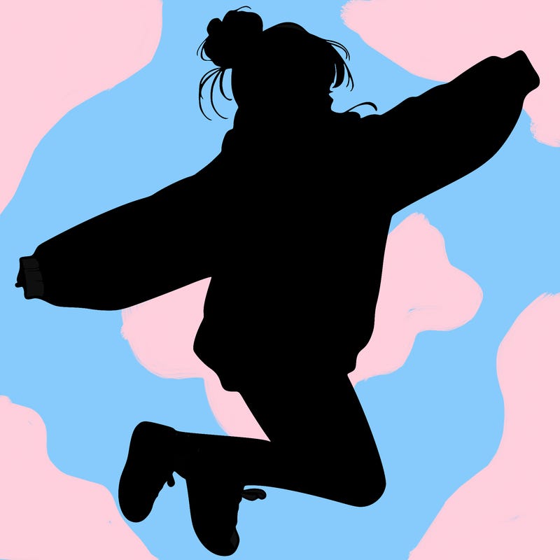 realistic girl jumping with a bun and oversized sweatshirt