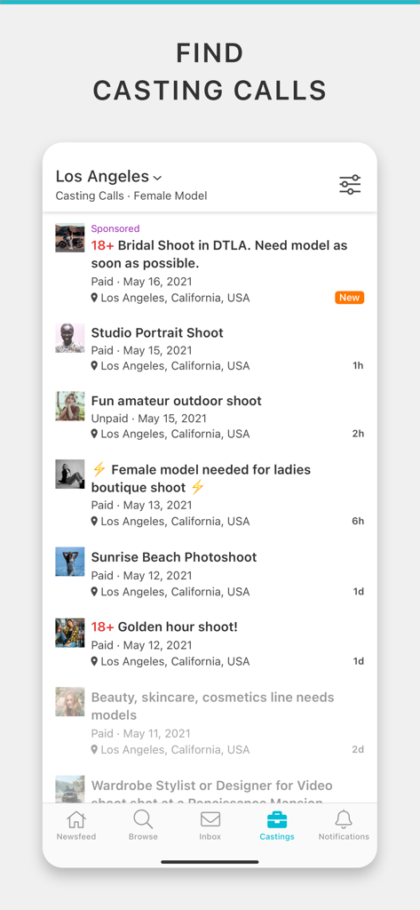 Model Mayhem - 로스앤젤레스에서 사용 가능한 모델링 캐스팅 콜 및 사진 촬영 작업을 보여주는 Model Mayhem 앱 인터페이스