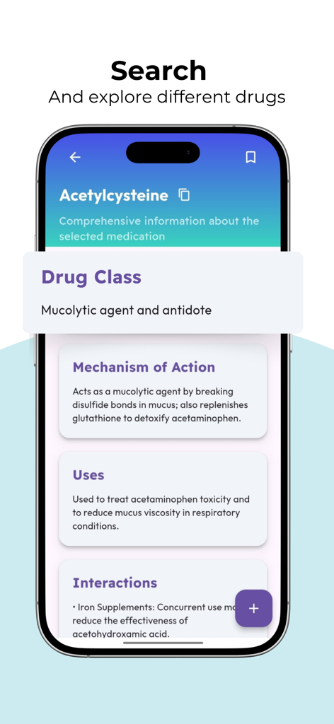 Vetifi - Vetifi mobile app interface showing detailed veterinary drug information for Acetylcysteine including drug class and mechanism of action