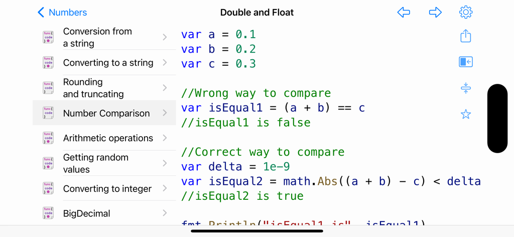 Interface of the Golang and SQL app showing a code example for number comparison