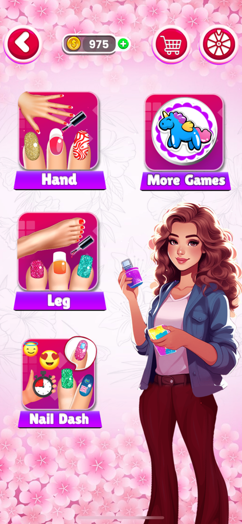 La pantalla del menú principal de un juego de arte de uñas para chicas con opciones para manicuras de manos y pies junto con un personaje creativo.