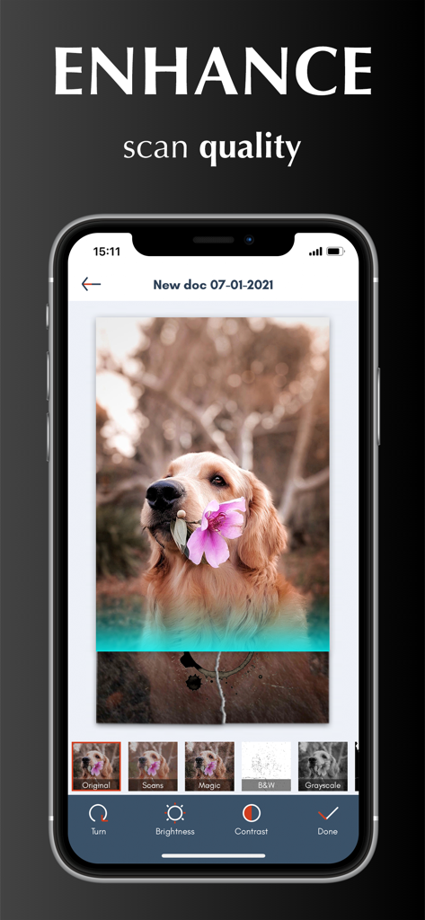 La interfaz muestra herramientas de mejora de la calidad de escaneo y filtros de imagen en Scanner App PDF Scan Pro.