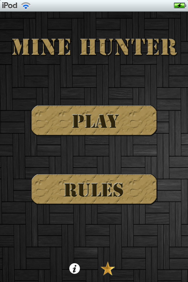 Mine Hunter FREE - Main menu screen for Mine Hunter FREE with gold colored Play and Rules buttons on a dark wood grain background