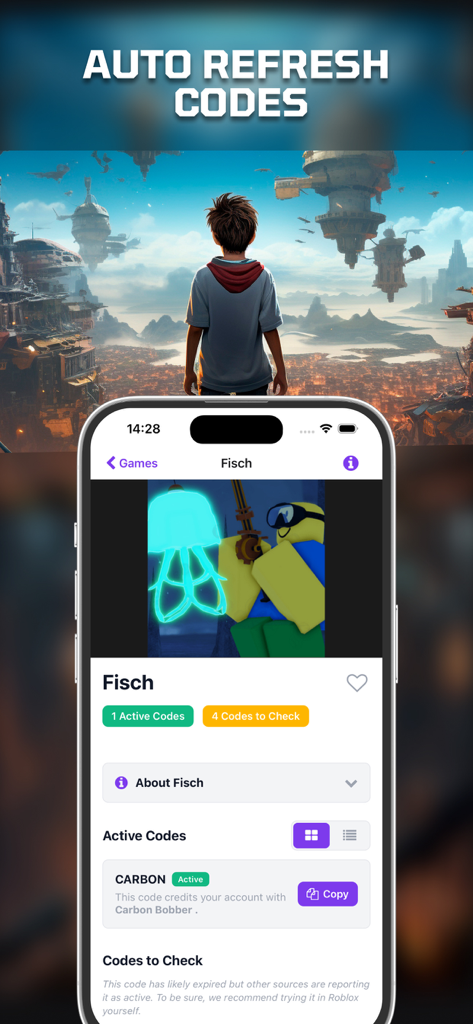 CodesHub - game codes for RBLX - Interfaz de la aplicación CodesHub mostrando códigos promocionales activos y función de copia para el juego Fisch de Roblox