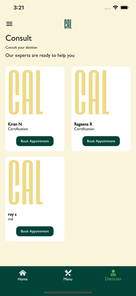 CAL - كال - Interfaz de la aplicación CAL que muestra opciones para consultar y reservar citas con dietistas profesionales