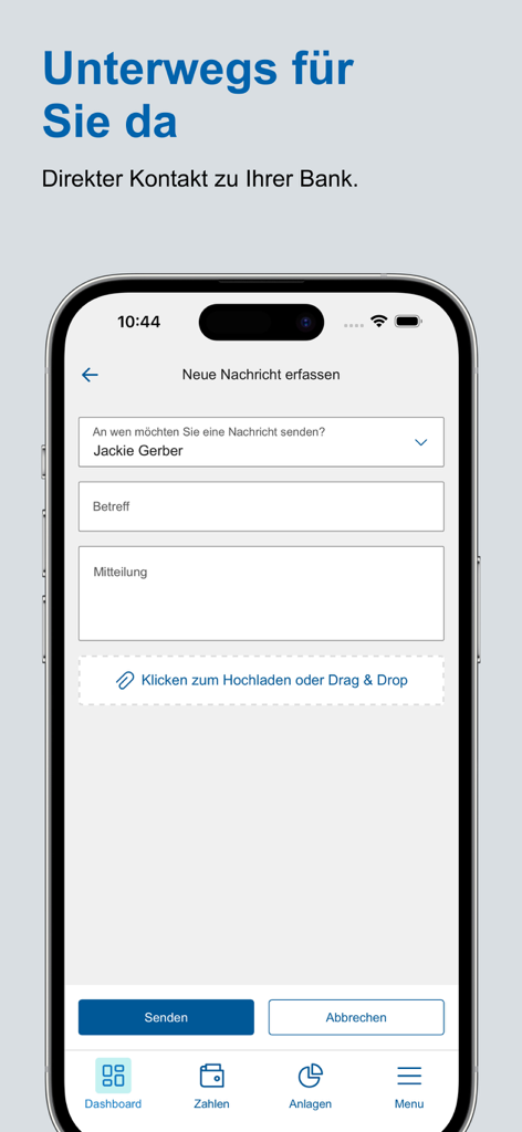 Smartphone-Bildschirm, der die sichere Nachrichtenfunktion der Alpha RHEINTAL Bank E-Banking App für den direkten Kontakt mit einem Bankberater zeigt.